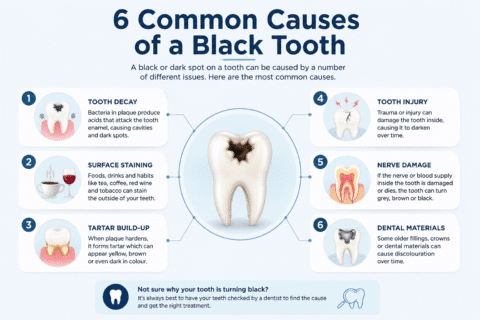 Infographic showing six common causes of black teeth including tooth decay, staining, tartar, injury and nerve damage
