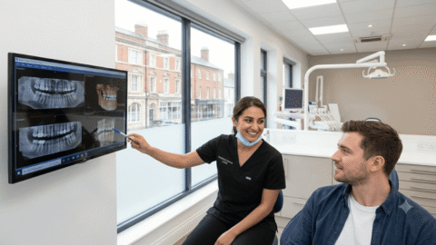 Dentist showing patient CBCT scan on computer screen during dental implant consultation.