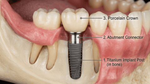 Dental implant diagram showing titanium screw in jawbone, abutment connector, and white ceramic crown.